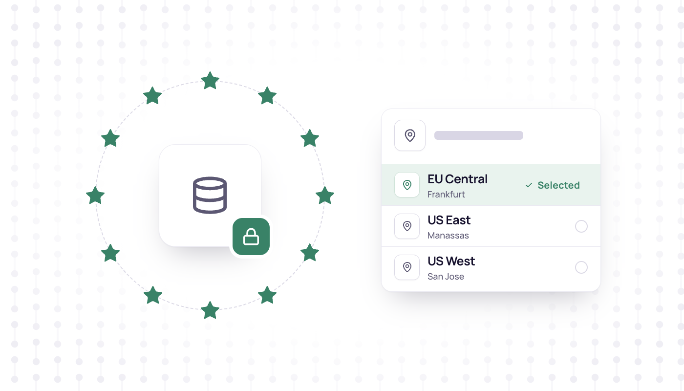Ring of twelve stars around a database tile with a lock, next to a region picker with EU Central selected