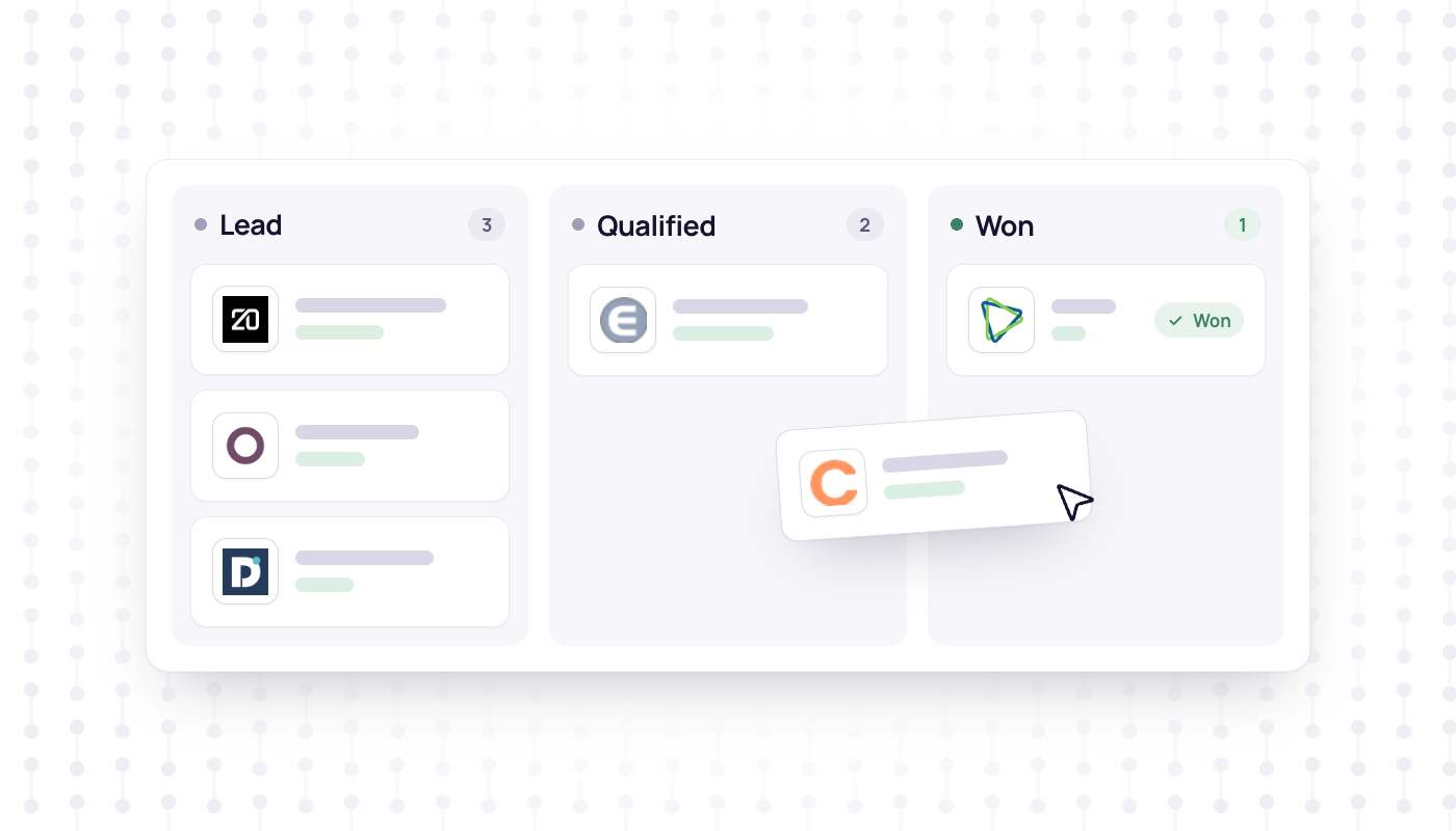 Deal pipeline board with Lead, Qualified and Won columns and CRM app logos on the deal cards