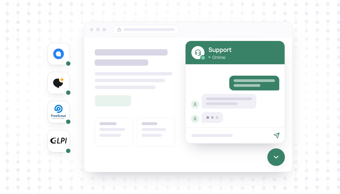 Website with an open live chat widget and an agent typing, next to help desk app tiles