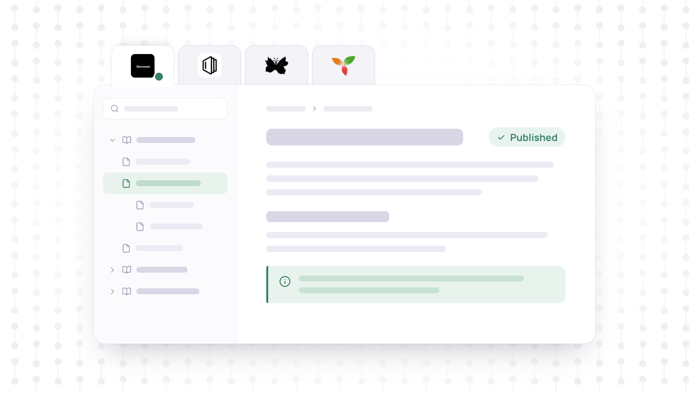 Wiki page with a page tree sidebar and outlined text, with wiki app logos as tabs