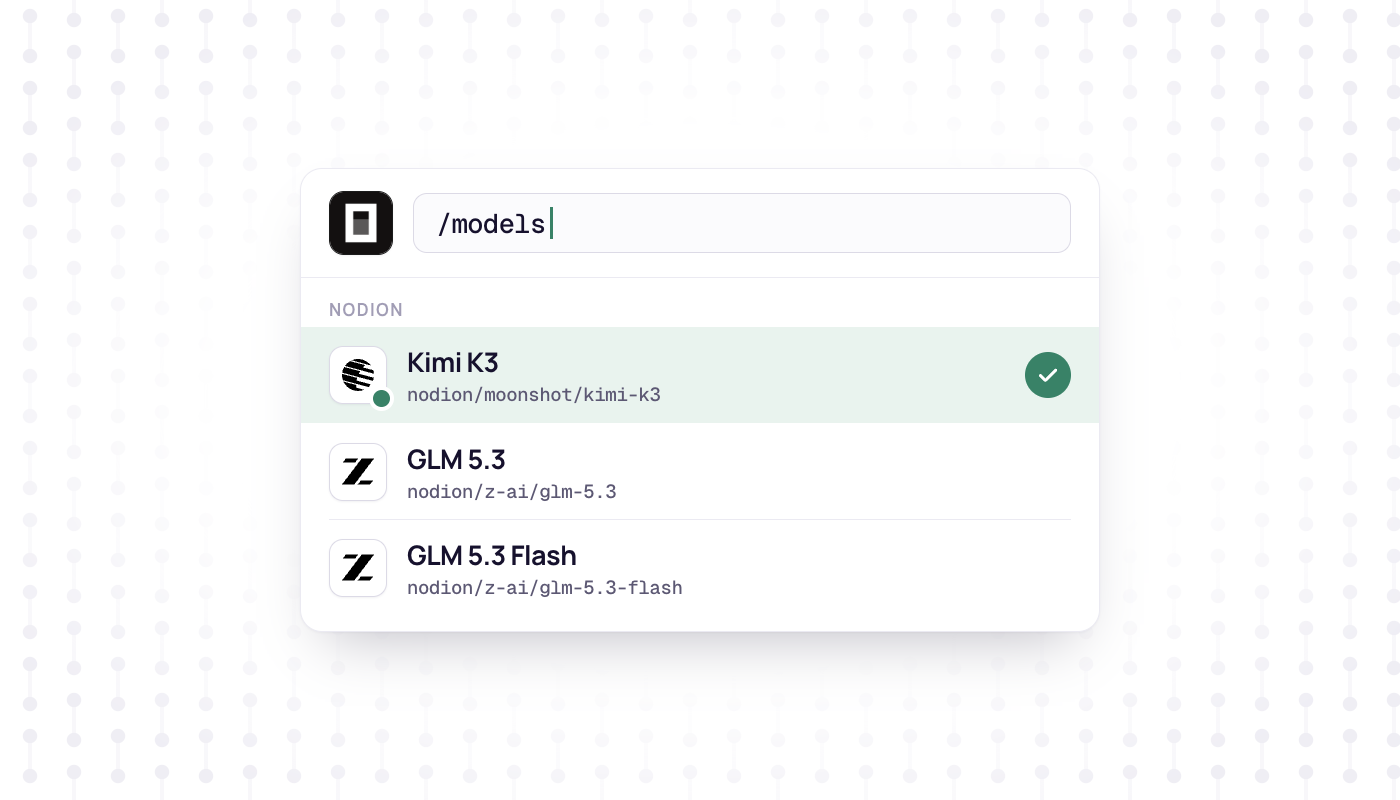 Model picker card with the OpenCode logo listing Kimi K3, GLM 5.3 and GLM 5.3 Flash with their lab icons, Kimi K3 selected with a green check